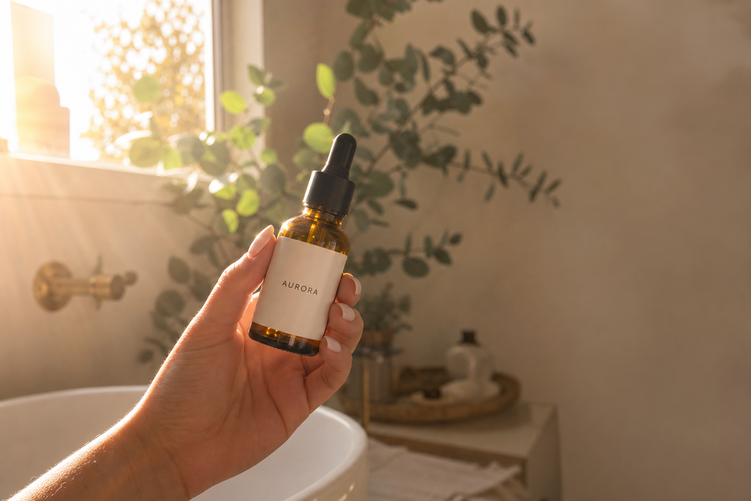 Hand holding an Aurora serum bottle in warm sunlight, Instagram Reel style